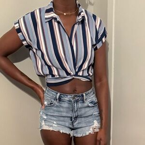 Striped Crop Top and Distressed Denim Shorts